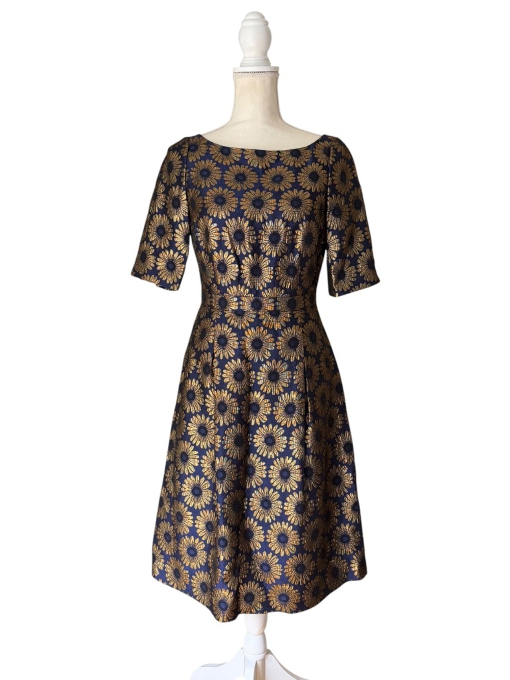 Boden Beatrice Jacquard Floral Dress Navy Gold Open Back US 4L UK 8L